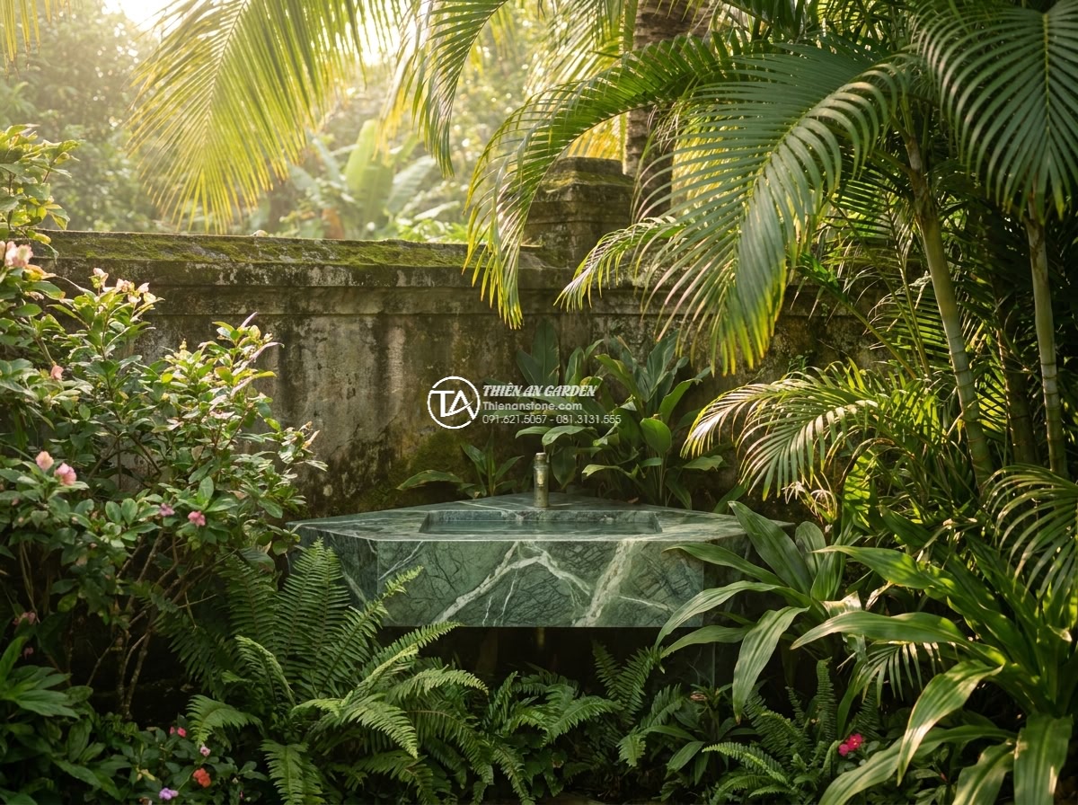 Lavabo đá xanh Ấn độ góc - Photorealistic wide-angle view from afar of a luxurious corner Indian green ston