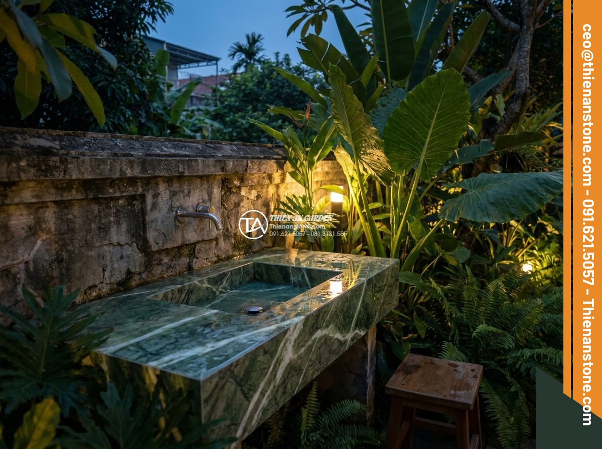 Lavabo đá xanh Ấn độ góc - Hình 10 Lavabo đá xanh Ấn độ góc - Evening garden lighting illuminating Indian green marble lavabo corner with soft