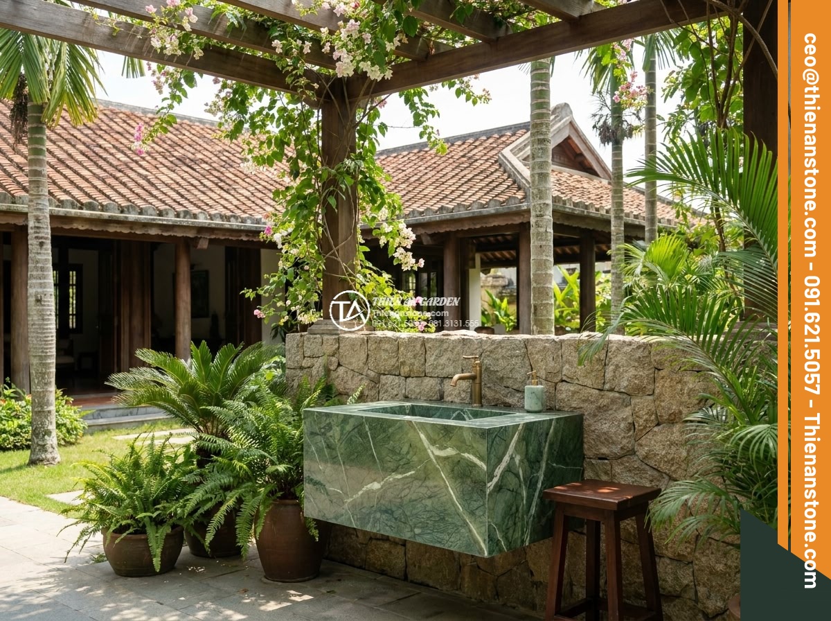 Lavabo đá xanh Ấn độ góc - Hình 13 Lavabo đá xanh Ấn độ góc - Luxurious villa exterior with Indian green corner stone lavabo integrated into h