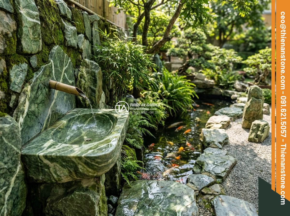 Lavabo đá xanh Ấn độ góc - Hình 16 Lavabo đá xanh Ấn độ góc - Detailed integration of green marble lavabo corner next to traditional Koi fish