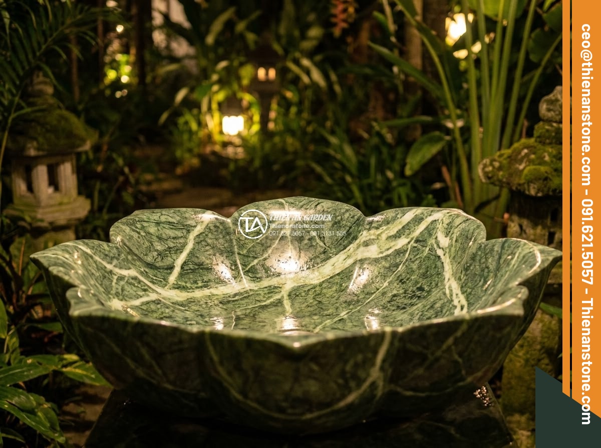 Lavabo đá xanh Ấn độ hình bông hoa