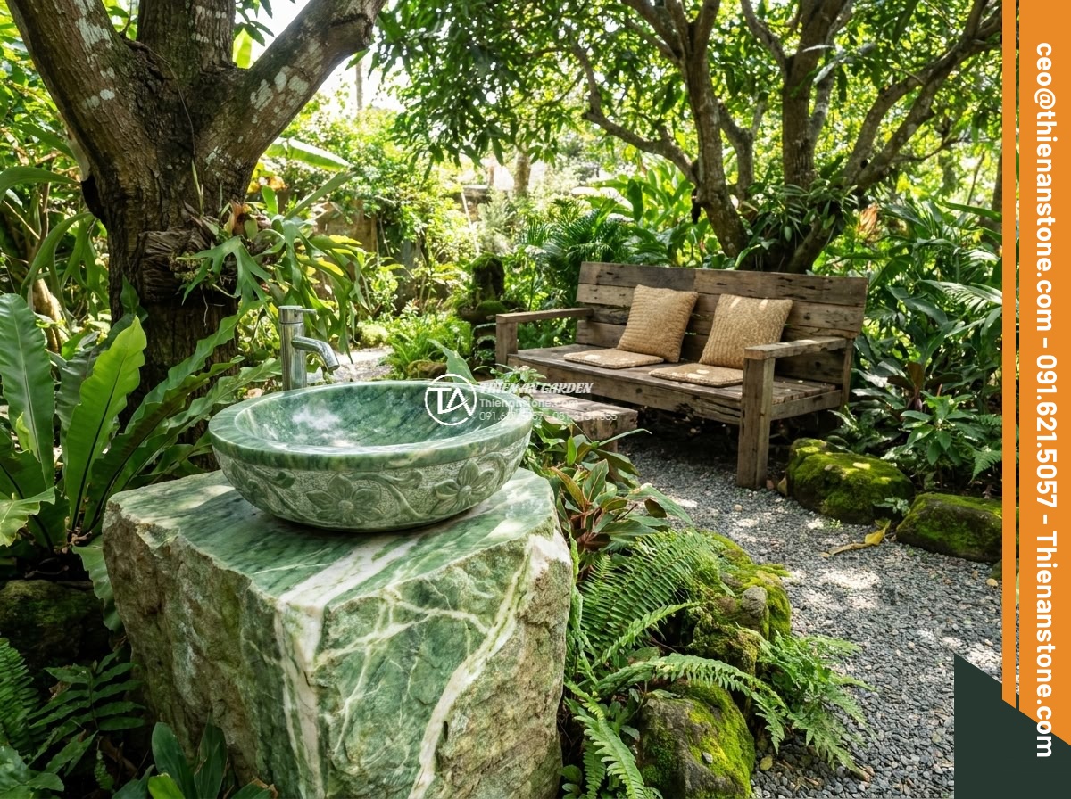 Lavabo đá xanh Ấn độ hình bông hoa