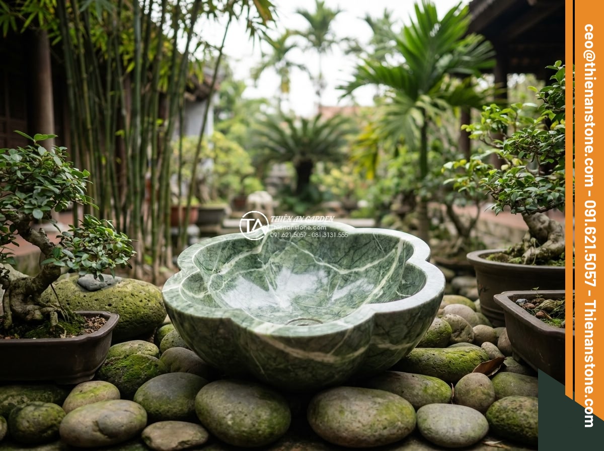 Lavabo đá xanh Ấn độ hình bông hoa