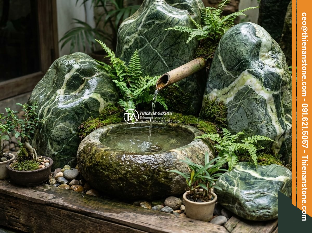 Lavabo đá xanh Ấn độ hình bông hoa