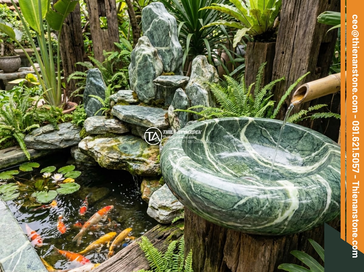 Lavabo đá xanh Ấn độ hình bông hoa