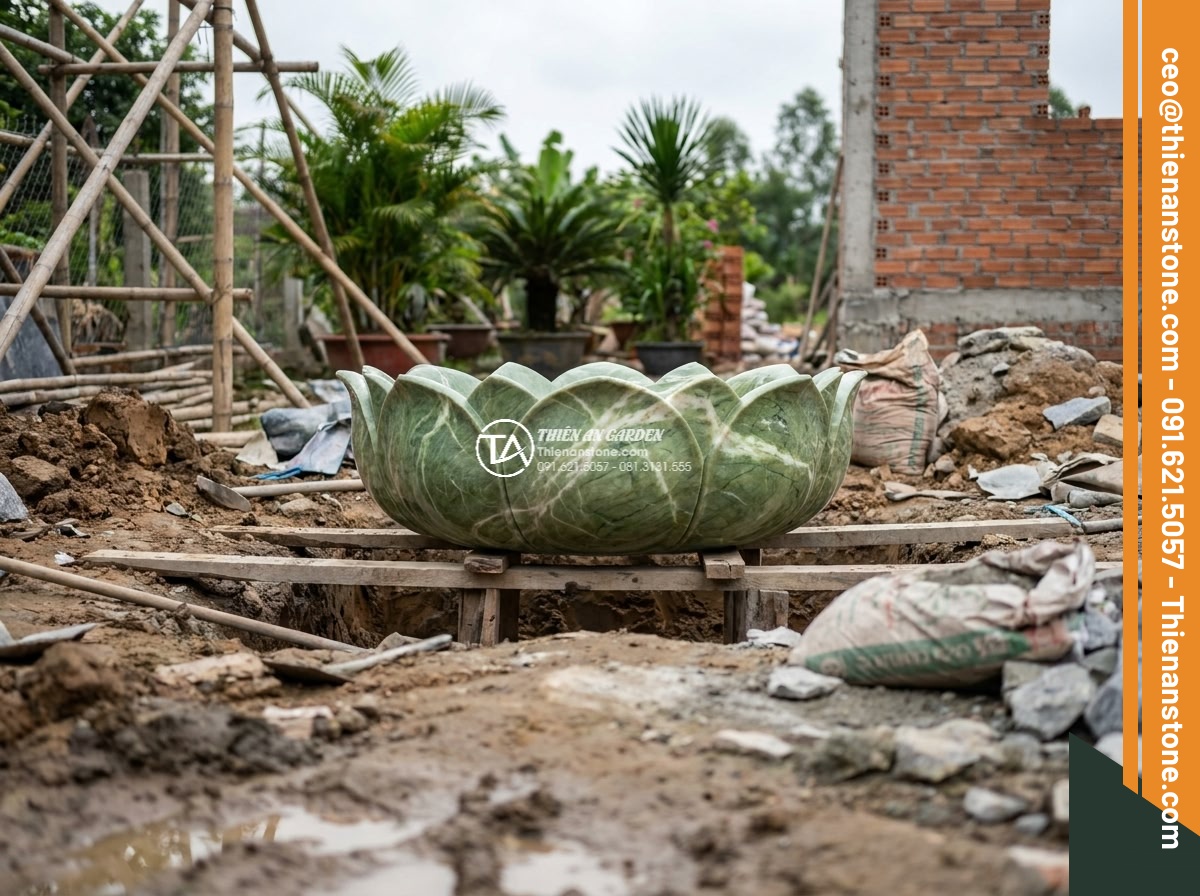 Lavabo đá xanh Ấn độ hình bông hoa