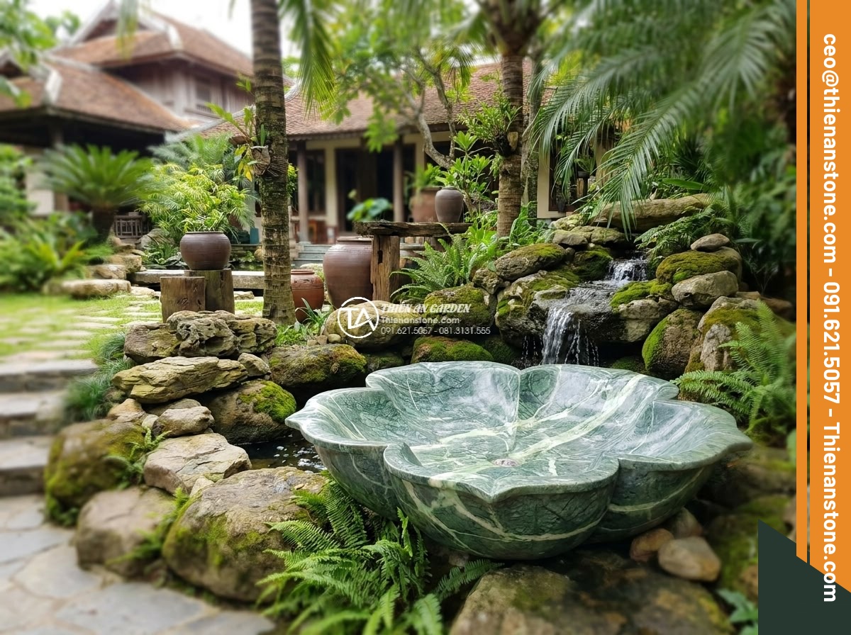 Lavabo đá xanh Ấn độ hình bông hoa