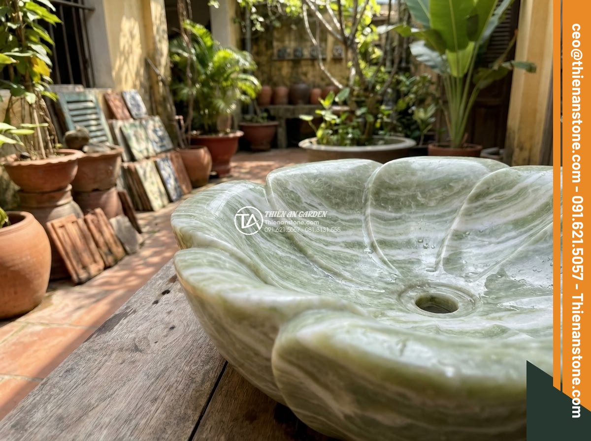Lavabo đá xanh Ấn độ hình bông hoa