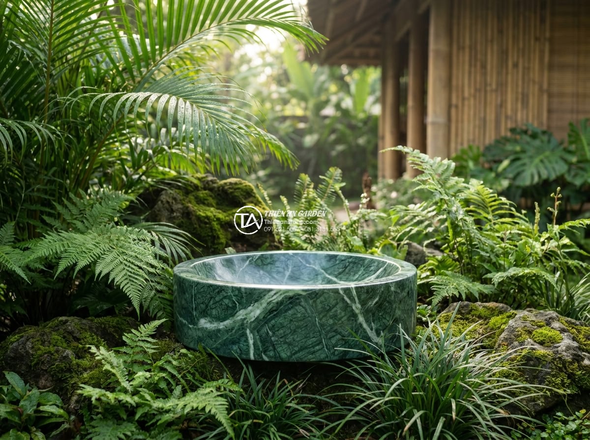 Lavabo đá xanh Ấn độ hình trụ nông cao 15cm - Wide cinematic shot of a shallow cylindrical Indian green stone lavabo 15cm high
