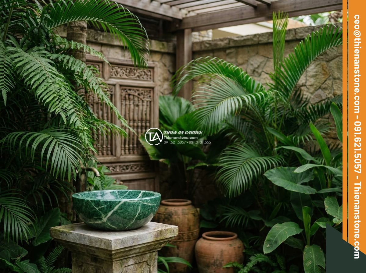 Lavabo đá xanh Ấn độ hình trụ nông cao 15cm - Hình 12 Lavabo đá xanh Ấn độ hình trụ nông cao 15cm - Elegant placement of the 15cm high stone lavabo in a high-end private villa cour