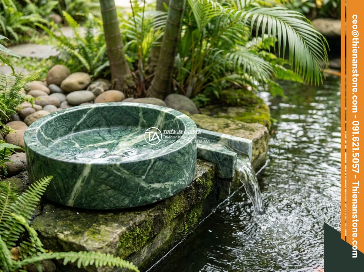 Lavabo đá xanh Ấn độ hình trụ nông cao 15cm - Hình 14 Lavabo đá xanh Ấn độ hình trụ nông cao 15cm - Close integration view of the shallow cylindrical lavabo beside a bubbling Koi p