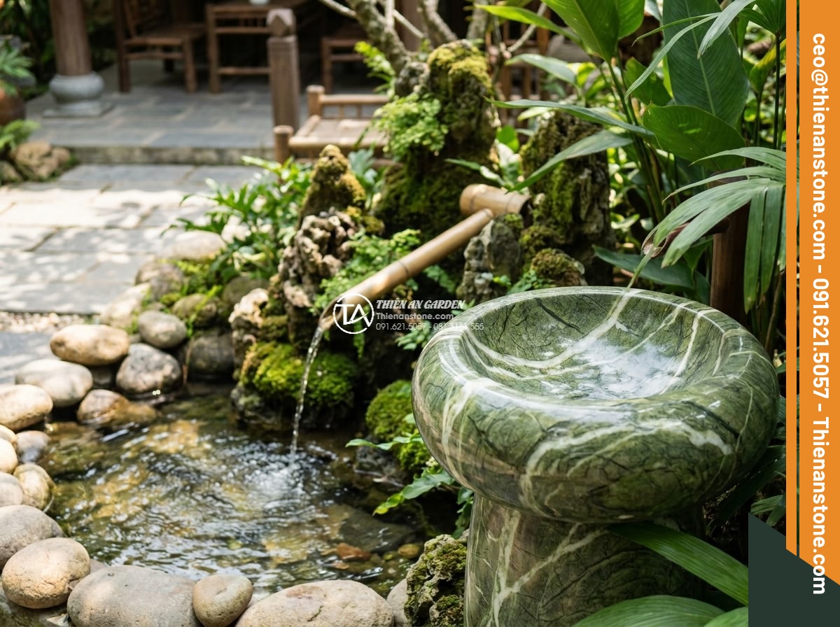 Lavabo đá xanh Ấn độ hình trụ nông cao 15cm - Hình 15 Lavabo đá xanh Ấn độ hình trụ nông cao 15cm - Feng shui inspired placement of the green stone lavabo in a balanced garden layo