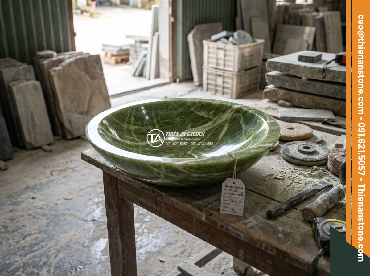 Lavabo đá xanh Ấn độ hình trụ nông cao 15cm - Hình 18 Lavabo đá xanh Ấn độ hình trụ nông cao 15cm - Finished quality inspection of the polished 15cm high shallow lavabo ready for d