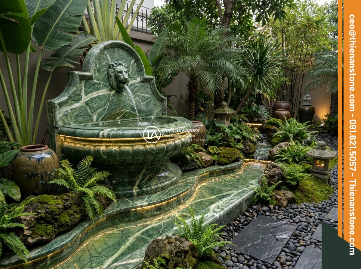 Lavabo đá xanh Ấn độ hình trụ nông cao 15cm - Hình 19 Lavabo đá xanh Ấn độ hình trụ nông cao 15cm - Final composed luxury garden scene featuring the Indian green stone lavabo as ce