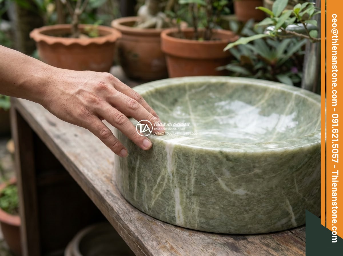 Lavabo đá xanh Ấn độ hình trụ nông cao 15cm - Hình 7 Lavabo đá xanh Ấn độ hình trụ nông cao 15cm - Tactile close-up view of a hand gently touching the smooth polished surface of t