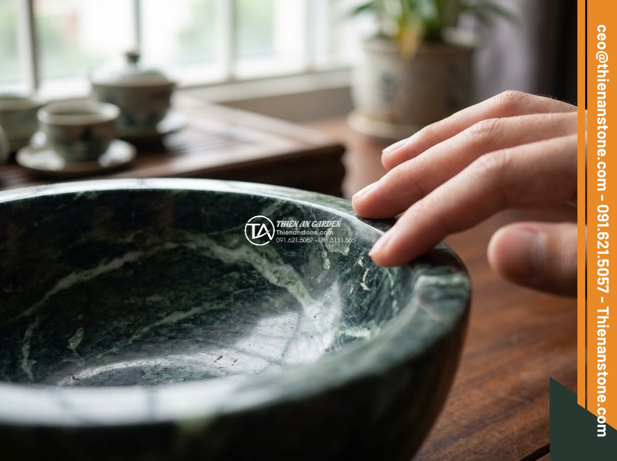 Lavabo đá xanh Ấn độ hình trụ nông cao 15cm - Hình 8 Lavabo đá xanh Ấn độ hình trụ nông cao 15cm - Extreme close-up of fingers tracing the edge and interior surface of the 15cm hi