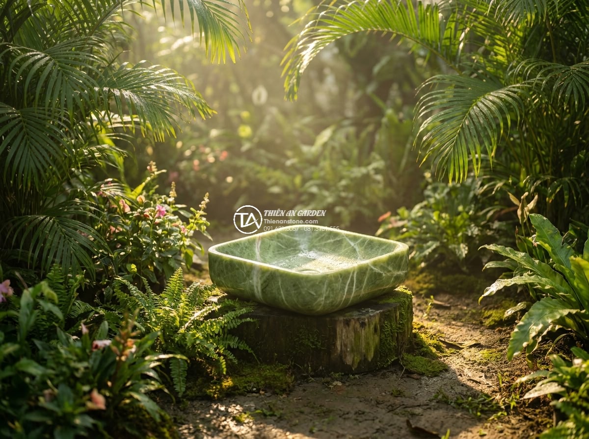 Lavabo đá xanh Ấn độ hình vuông bo cạnh 42cm - High-resolution image of a square green Indian stone lavabo basin with rounded e