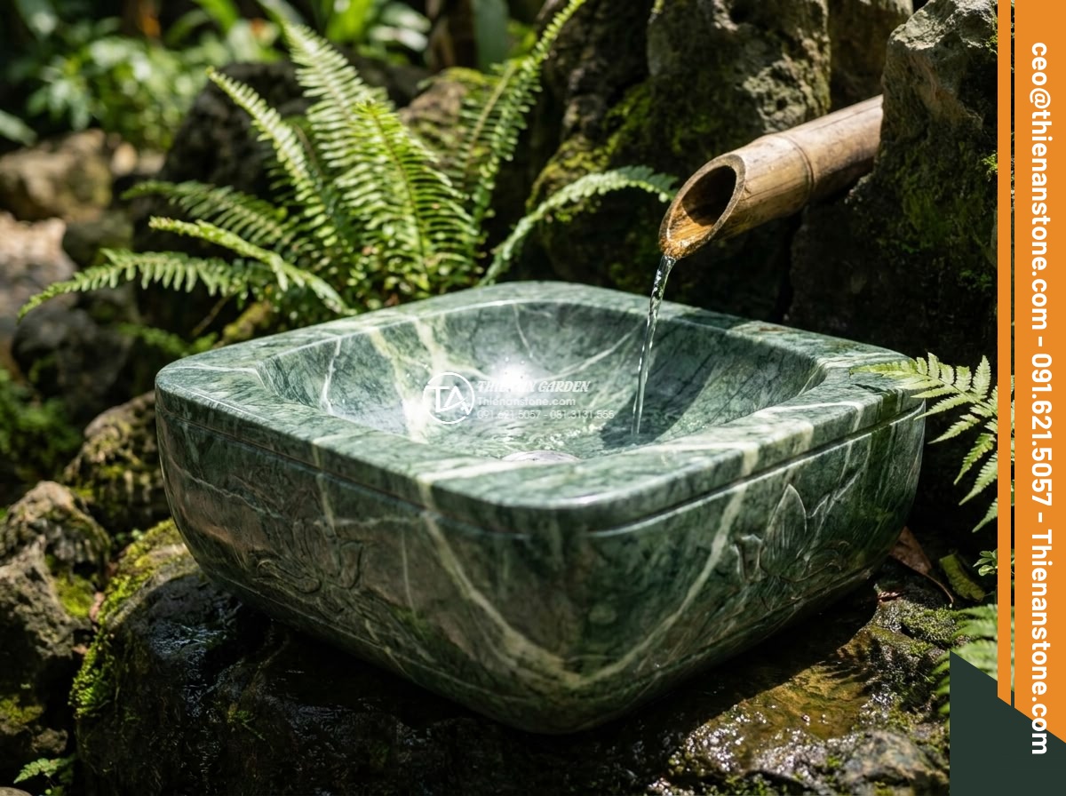 Lavabo đá xanh Ấn độ hình vuông bo cạnh 42cm