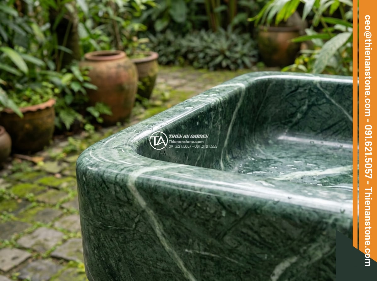 Lavabo đá xanh Ấn độ hình vuông bo cạnh 42cm