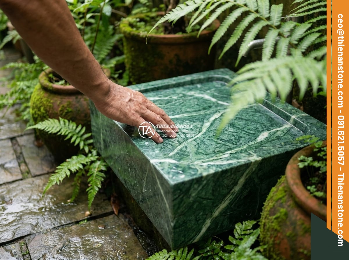 Lavabo đá xanh Ấn độ hình vuông bo cạnh 42cm