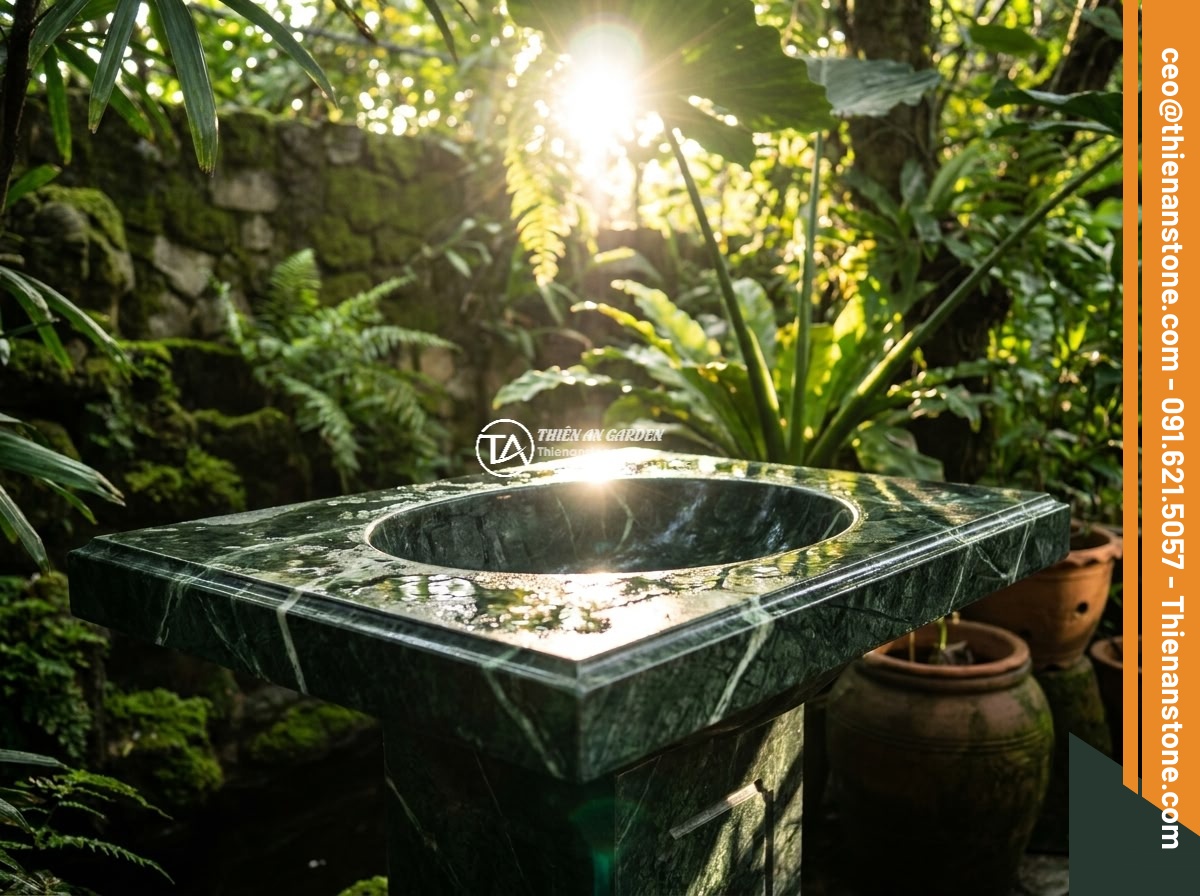 Lavabo đá xanh Ấn độ hình vuông vát cạnh - Hình 11 Lavabo đá xanh Ấn độ hình vuông vát cạnh - Dramatic lighting shot of the lavabo with sunlight reflecting off its green poli