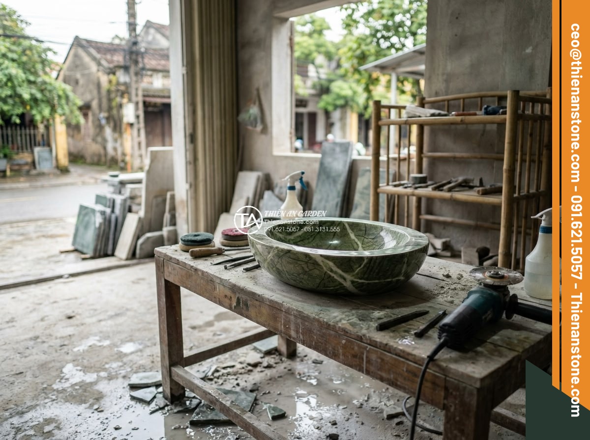 Lavabo đá xanh Ấn độ hình vuông vát cạnh - Hình 19 Lavabo đá xanh Ấn độ hình vuông vát cạnh - Professional craftsmanship process showing artisans working on the Indian green