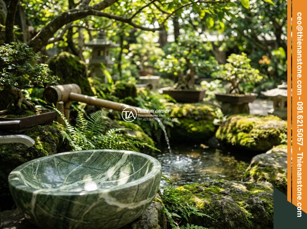 Lavabo đá xanh Ấn độ Oval dài 48cm - Hình 13 Lavabo đá xanh Ấn độ Oval dài 48cm - Feng shui composition of green stone lavabo in harmonious garden layout with wat