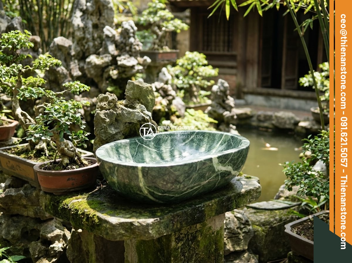 Lavabo đá xanh Ấn độ Oval dài 48cm - Hình 14 Lavabo đá xanh Ấn độ Oval dài 48cm - Symbolic placement of oval lavabo enhancing positive energy in traditional Vietn