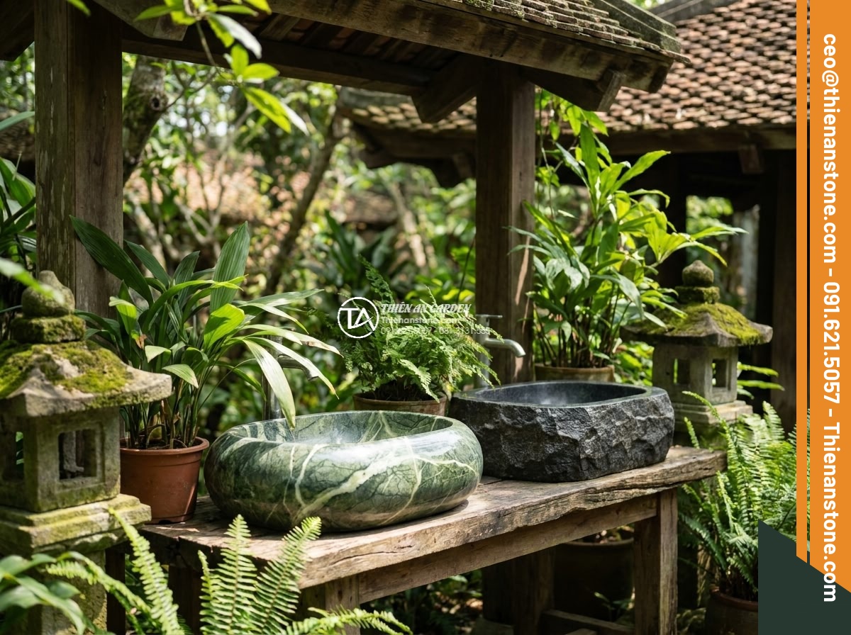 Lavabo đá xanh Ấn độ Oval dài 48cm - Hình 17 Lavabo đá xanh Ấn độ Oval dài 48cm - Comparison layout showing Indian green lavabo vs other stones in garden context