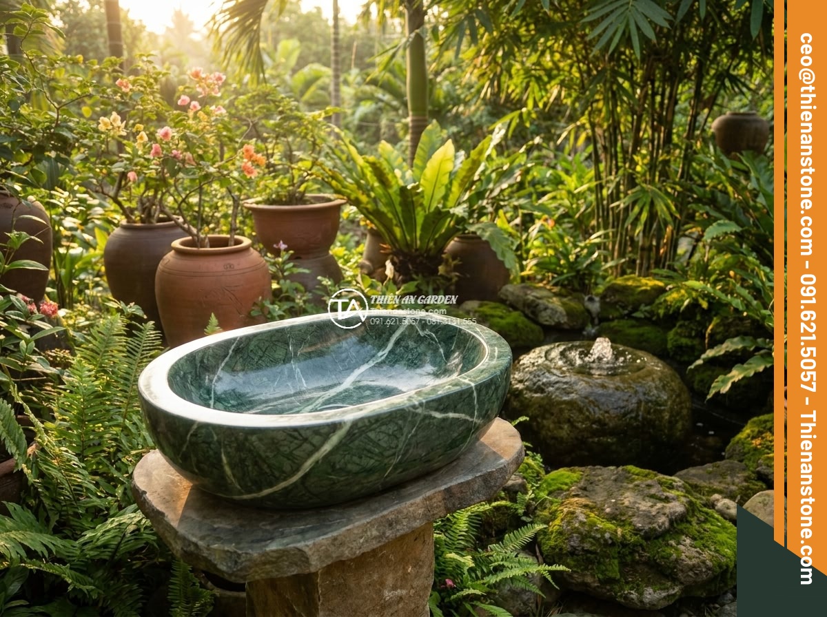 Lavabo đá xanh Ấn độ Oval dài 48cm - Hình 2 Lavabo đá xanh Ấn độ Oval dài 48cm - Panoramic shot of the oval Indian green marble lavabo 48cm in a serene villa bac