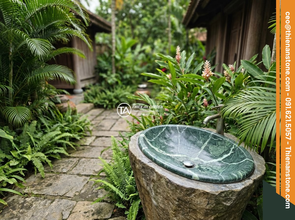 Lavabo đá xanh Ấn độ Oval dài 48cm - Hình 4 Lavabo đá xanh Ấn độ Oval dài 48cm - Detailed perspective view approaching the 48cm oval Indian green marble lavabo i