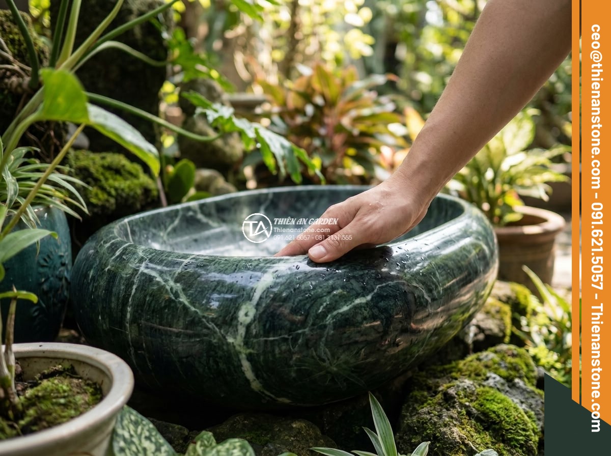 Lavabo đá xanh Ấn độ Oval dài 48cm - Hình 7 Lavabo đá xanh Ấn độ Oval dài 48cm - Human hand gently touching the smooth polished surface of Indian green stone ova