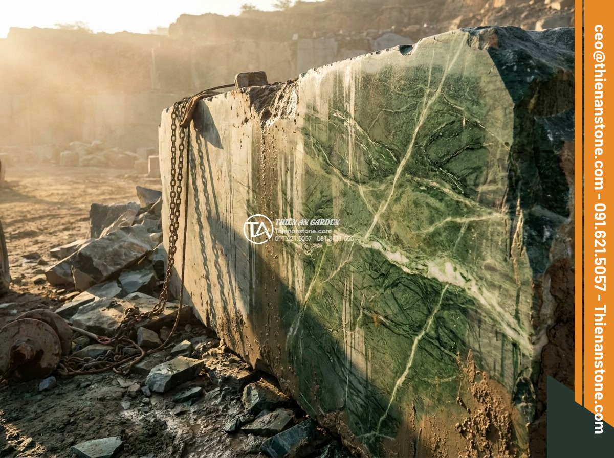Lavabo đá xanh Ấn độ tròn 42cm - Hình 2 Lavabo đá xanh Ấn độ tròn 42cm - Detailed close-up of Indian green marble quarry in Rajasthan at sunrise, massive