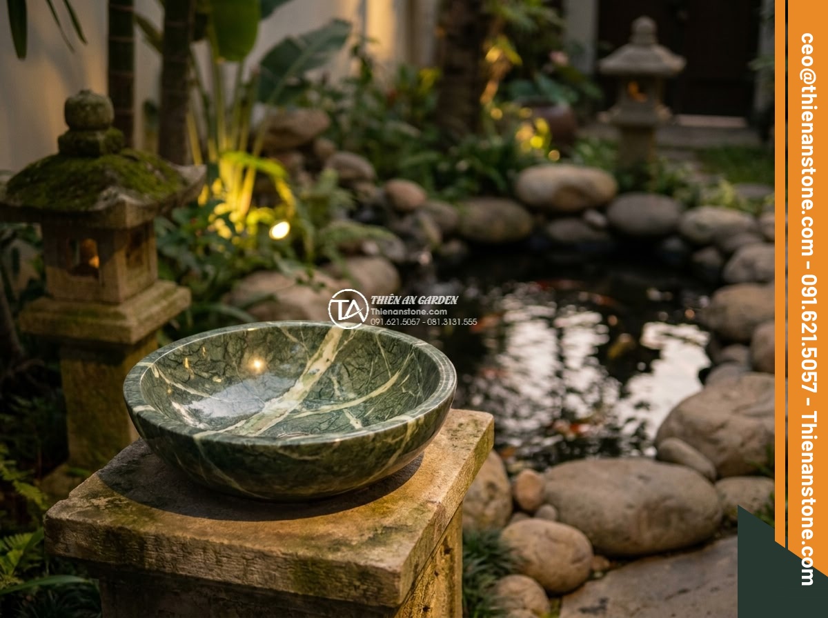 Lavabo đá xanh Ấn độ tròn 42cm - Hình 5 Lavabo đá xanh Ấn độ tròn 42cm - Serene Vietnamese villa garden at dusk with round 42cm Indian green stone lavabo