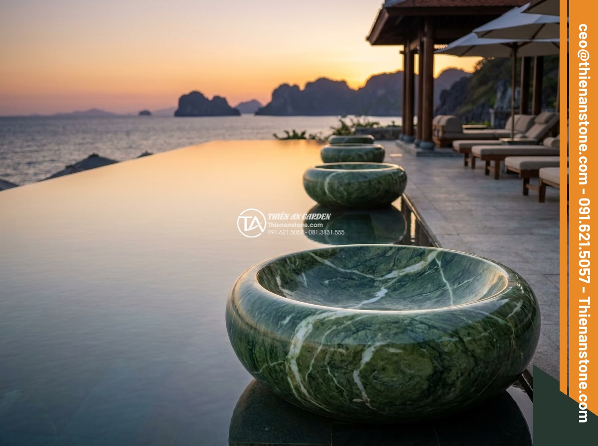 Lavabo đá xanh Ấn độ tròn 42cm - Hình 6 Lavabo đá xanh Ấn độ tròn 42cm - Luxurious resort infinity pool area with multiple round Indian green stone lavab