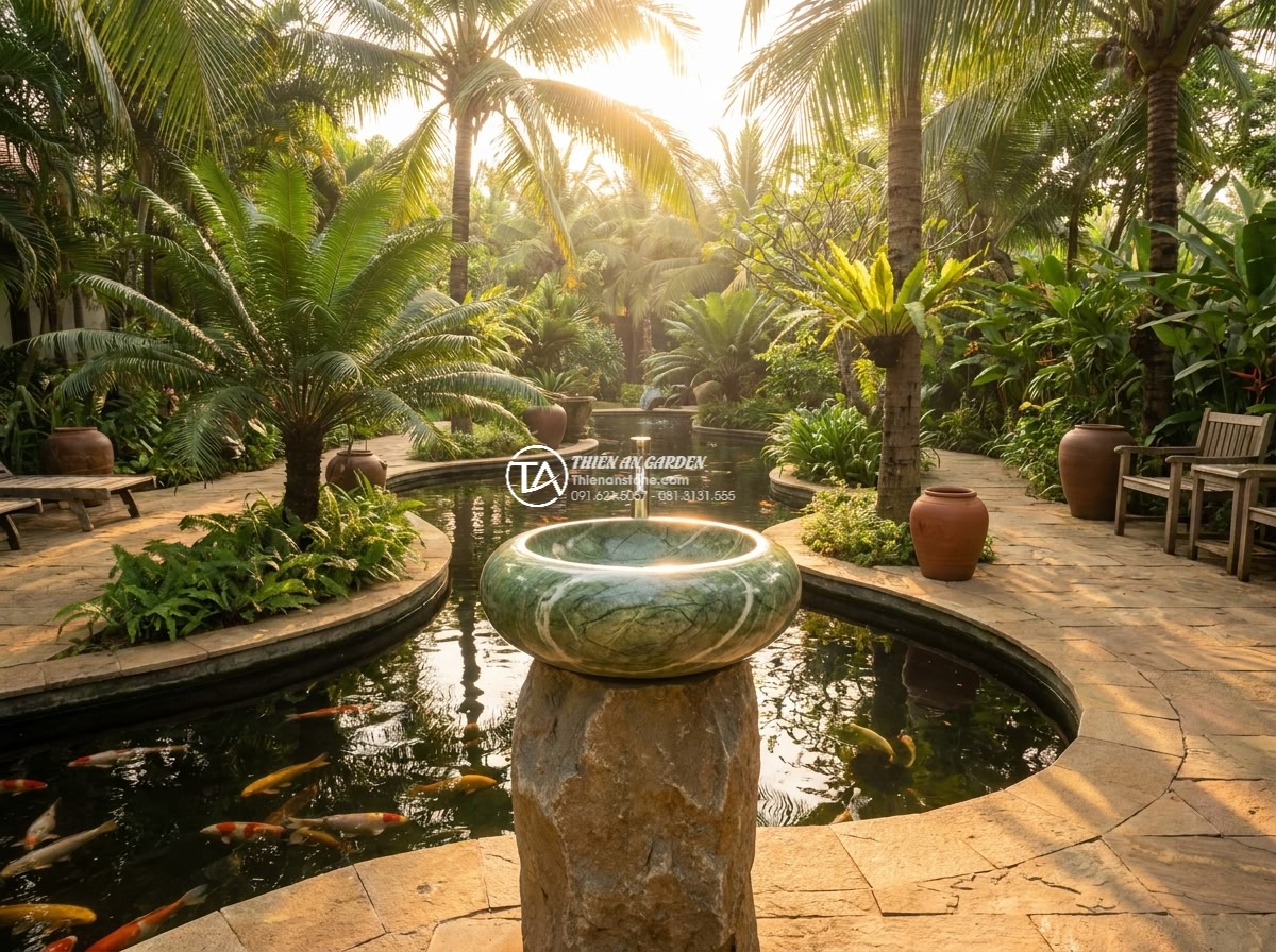 Lavabo đá xanh Ấn độ tròn phình 42cm - Wide cinematic shot of a luxurious tropical villa garden at golden hour, featuri