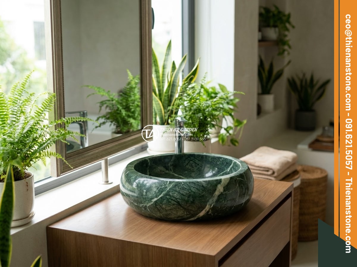 Lavabo đá xanh Ấn độ tròn phình 42cm - Hình 12 Lavabo đá xanh Ấn độ tròn phình 42cm - Happy customer testimonial style photo with the round Indian green stone lavabo