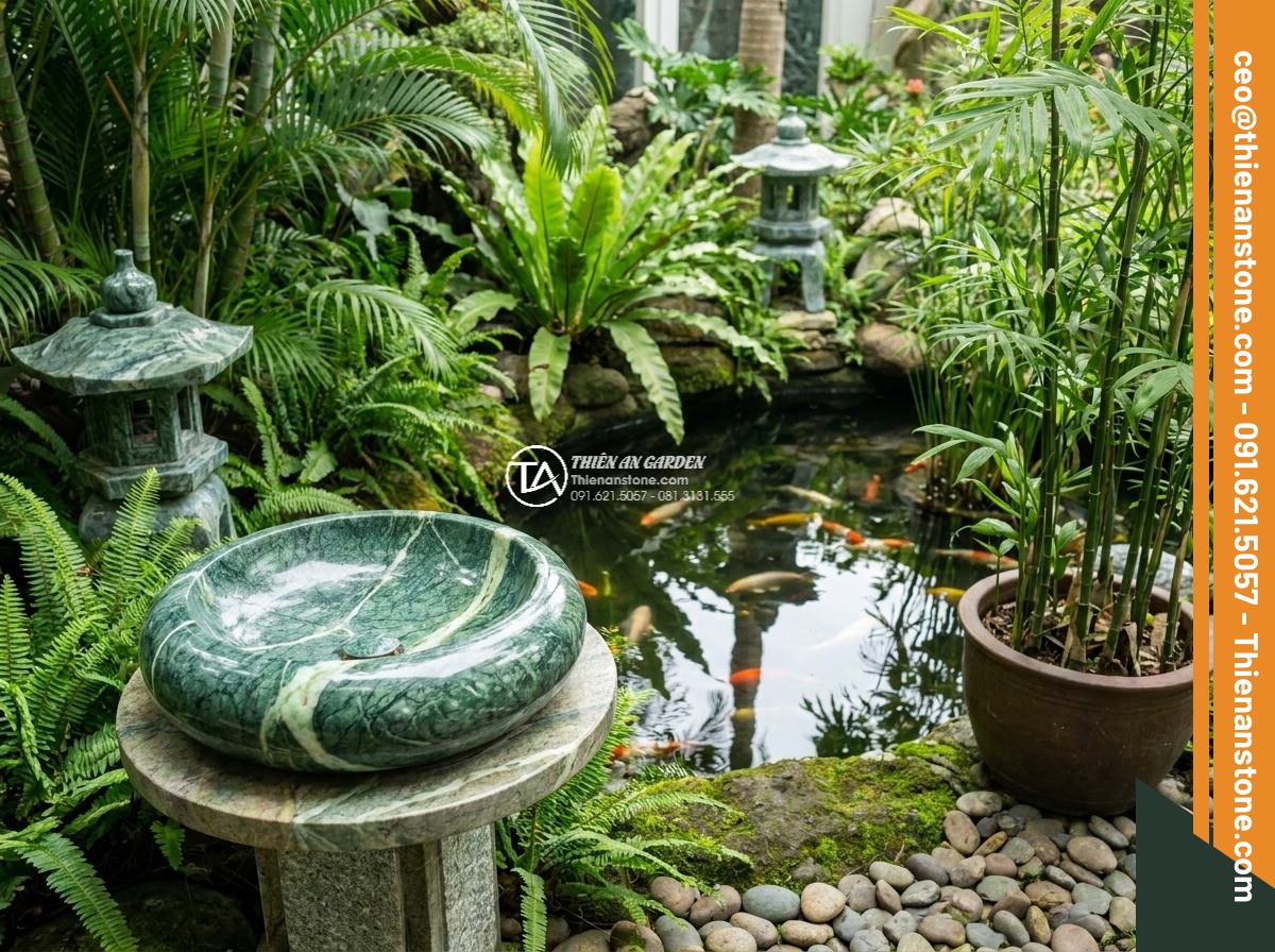 Lavabo đá xanh Ấn độ tròn phình 42cm - Hình 6 Lavabo đá xanh Ấn độ tròn phình 42cm - Feng shui inspired garden scene with the round Indian green stone lavabo positio