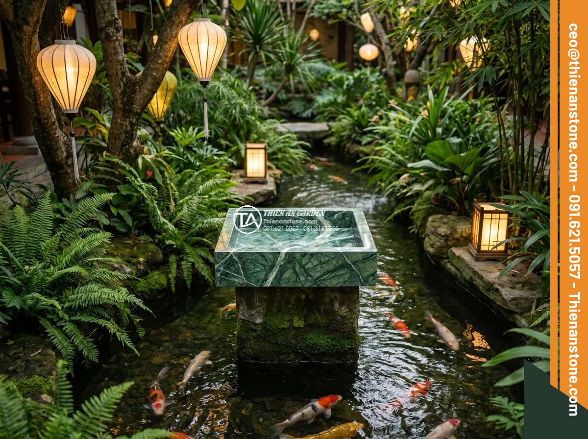 Lavabo đá xanh Ấn độ vuông 42cm - Hình 5 Lavabo đá xanh Ấn độ vuông 42cm - Serene garden scene at dusk with the square Indian green stone lavabo 42cm posit