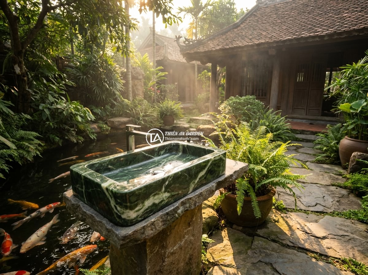 Lavabo đá xanh Ngọc Secpentine chữ nhật 42cm (420x350x140mm) - Cinematic wide establishing shot of a luxurious rectangular 42cm green serpentin