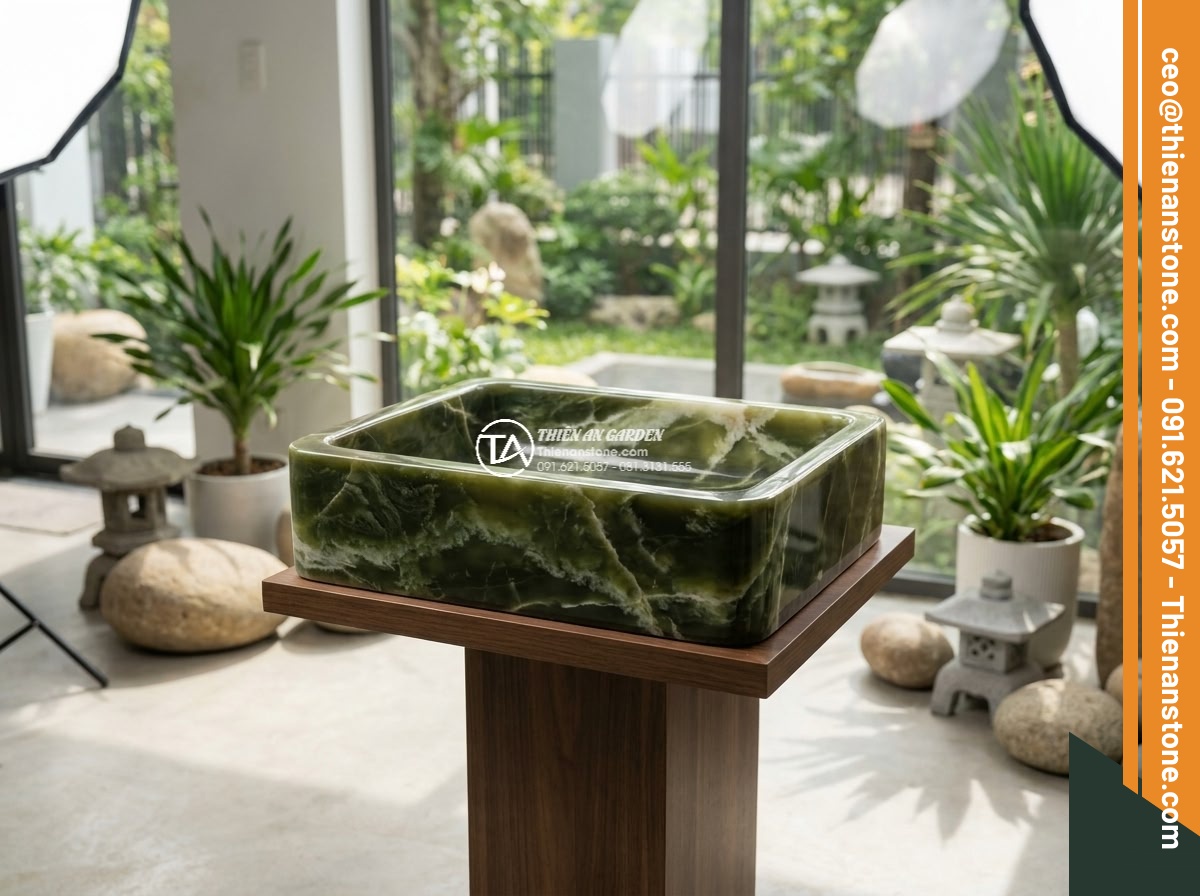 Lavabo đá xanh Ngọc Secpentine chữ nhật 42cm (420x350x140mm) - Hình 11 Lavabo đá xanh Ngọc Secpentine chữ nhật 42cm (420x350x140mm) - Elegant product showcase of the finished 420x350x140mm green serpentine rectangu