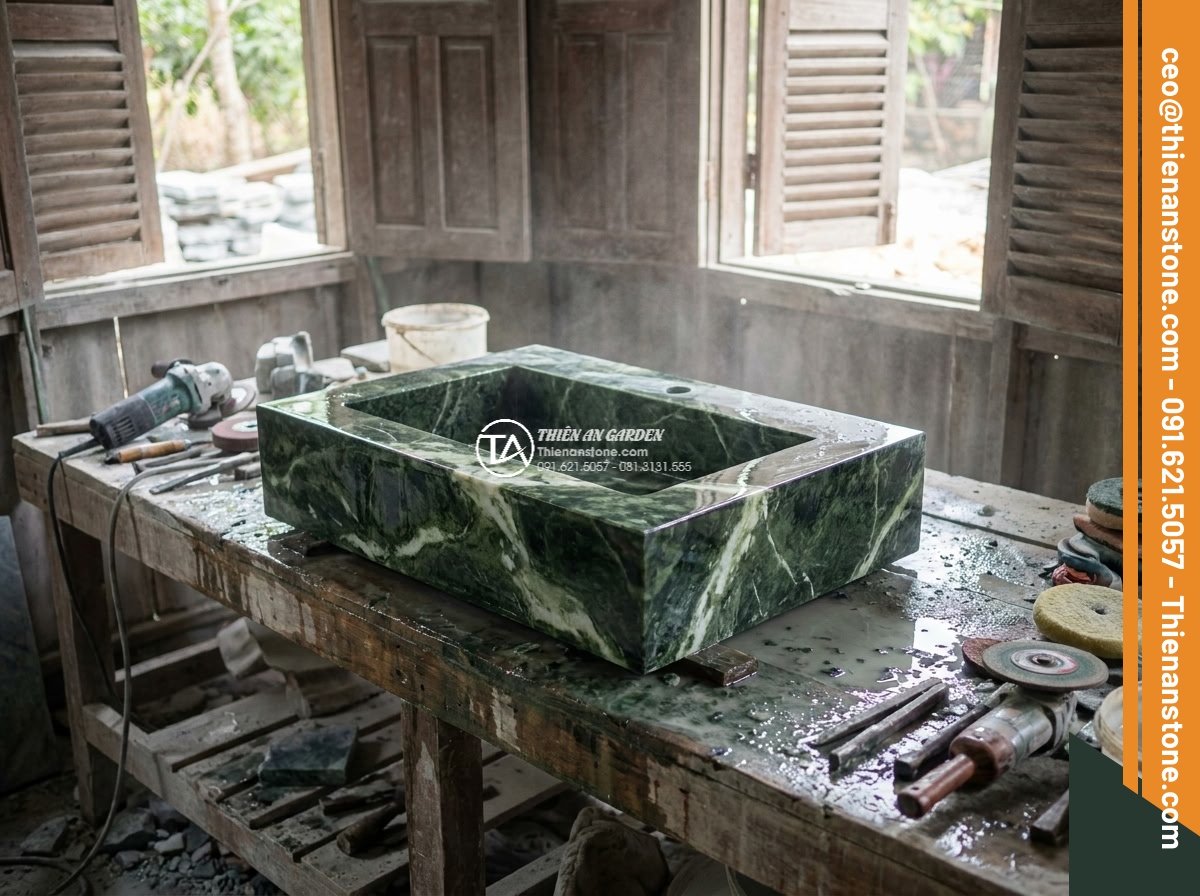 Lavabo đá xanh Ngọc Secpentine chữ nhật 42cm (420x350x140mm) - Hình 8 Lavabo đá xanh Ngọc Secpentine chữ nhật 42cm (420x350x140mm) - Behind-the-scenes photorealistic image of skilled artisans hand-polishing a larg