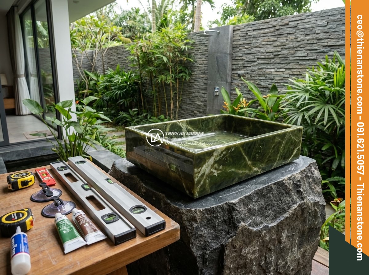Lavabo đá xanh Ngọc Secpentine chữ nhật 42cm (420x350x140mm) - Hình 9 Lavabo đá xanh Ngọc Secpentine chữ nhật 42cm (420x350x140mm) - Professional installation scene of a green serpentine rectangular stone sink in