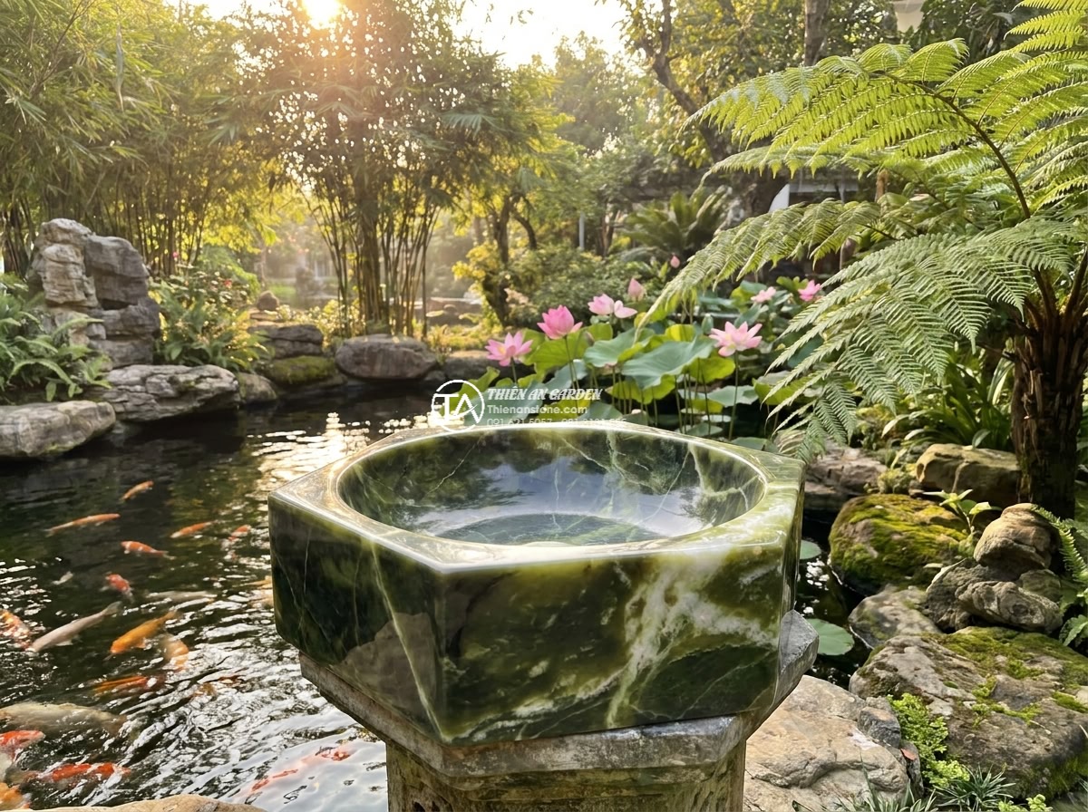 Lavabo đá xanh Ngọc Secpentine đa giác (400x400x150mm) - Wide cinematic shot of a luxurious Vietnamese villa garden at golden hour, featu