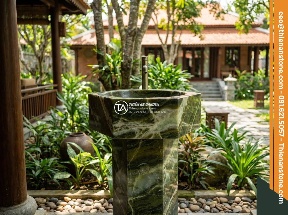 Lavabo đá xanh Ngọc Secpentine đa giác (400x400x150mm)