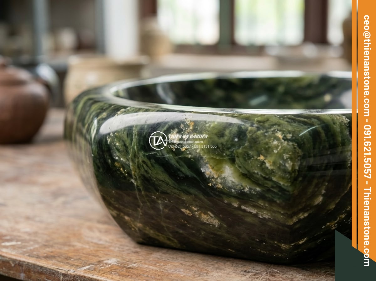 Lavabo đá xanh Ngọc Secpentine đa giác (400x400x150mm)