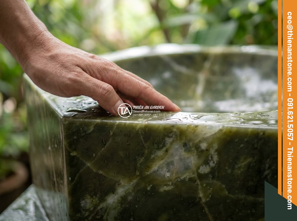 Lavabo đá xanh Ngọc Secpentine đa giác (400x400x150mm)