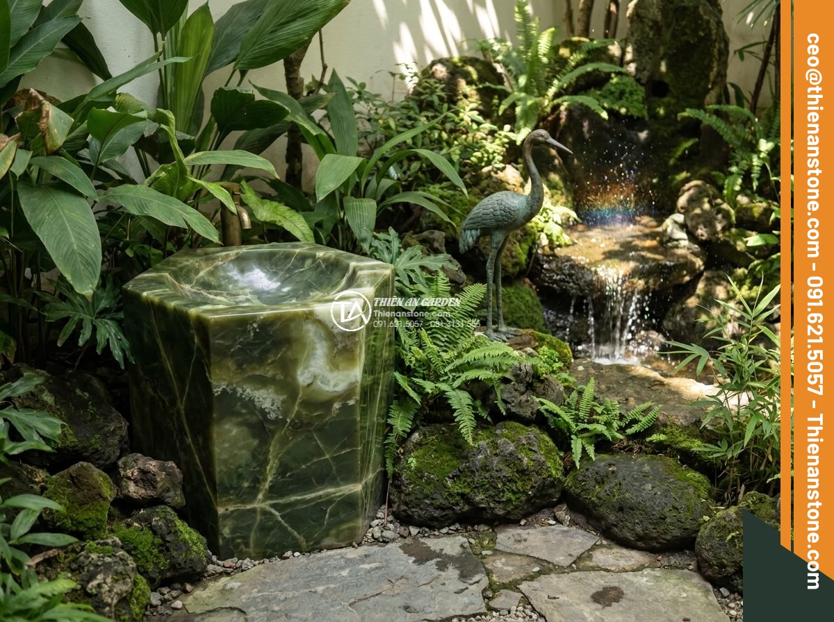 Lavabo đá xanh Ngọc Secpentine đa giác (400x400x150mm)