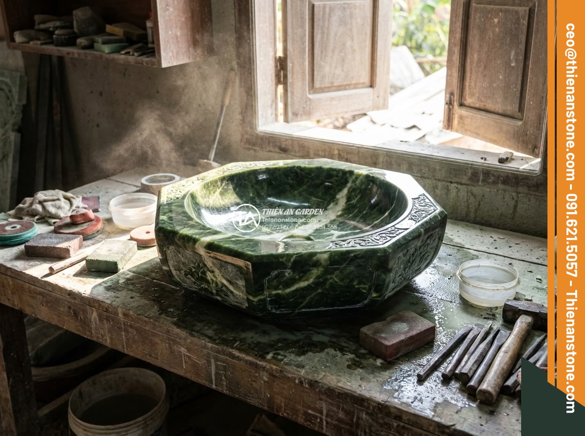 Lavabo đá xanh Ngọc Secpentine đa giác (400x400x150mm)