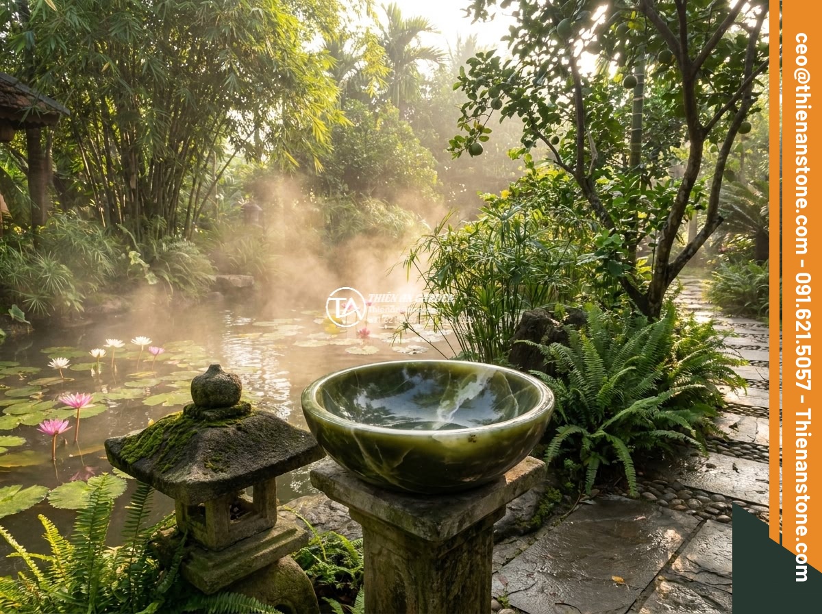 Lavabo đá xanh Ngọc Secpentine góc (400x400x150mm) - Hình 7 Lavabo đá xanh Ngọc Secpentine góc (400x400x150mm) - Serene Vietnamese villa garden at sunrise with green serpentine lavabo placed in
